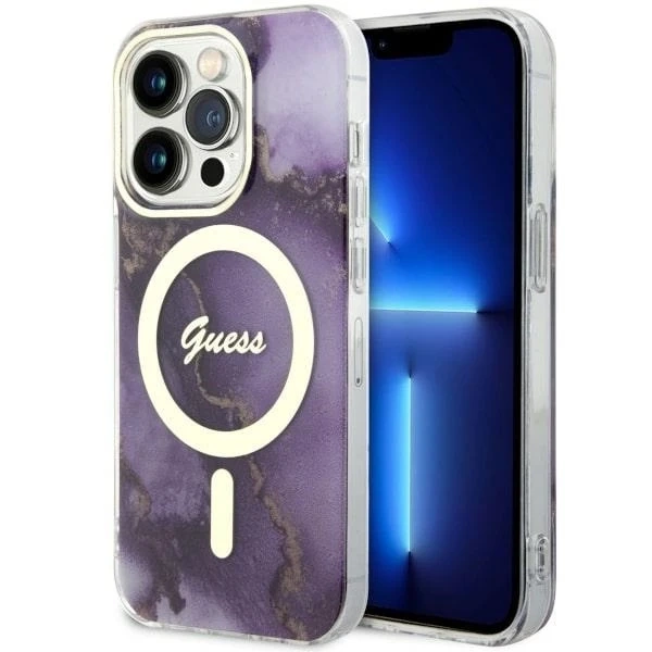 Postaveno na telefonu Guess GUHMP14LHTMRSU pro Apple iPhone 14 Pro 6,1" fialové/fialové pevné pouzdro Golden Marble MagSafe