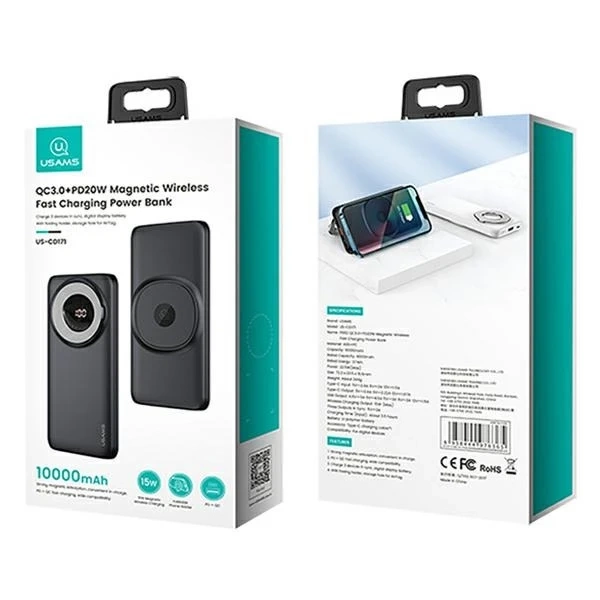 USAMS Powerbank PB62 10000mAh 20W QC3.0 PD Magnetické bezdrôtové rýchle nabíjanie czarny/black 10KCD17101 (US-CD171)