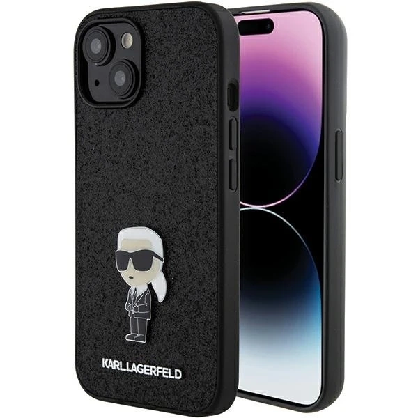Etui Karl Lagerfeld KLHCP15SGKNPSK na iPhone 15 6,1" čierny/čierny pevný obal Pevné trblietky s logom Ikonik kovový špendlík
