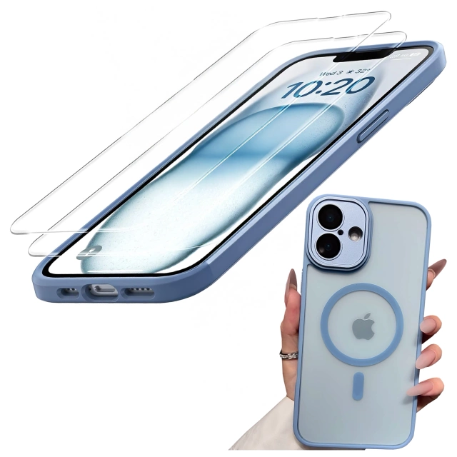 3-in-1 Hybrid-Schutzhüllen-Set mit 2x gehärtetem Glas für Apple iPhone 16, Hybrid-MagSafe-Schutzhülle mit Linsenschutz, Alogy 3-in-1-Hüllen-Set, Himmelblau