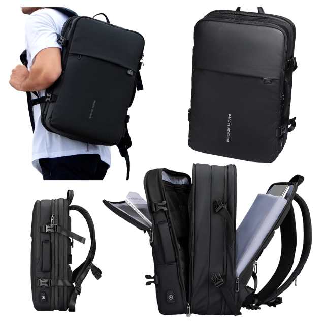 Mark Ryden 17,3"-Laptop-Rucksack, USB-Anschluss, wasserdicht, minimalistisch und geräumig (37 l), komfortabel, erweiterbar durch 180°-Öffnung, 48 × 31 × 14–25 cm – Schwarz