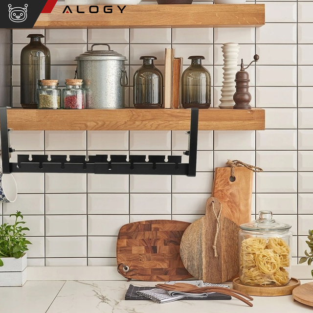 Cable organizer under the tabletop, adjustable shelf for cables, desk strip, aluminum holder Alogy Black