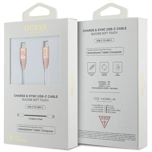 Kabel Guess USB-C na USB-C 1,5 m, silikonový, rychlé nabíjení, růžový