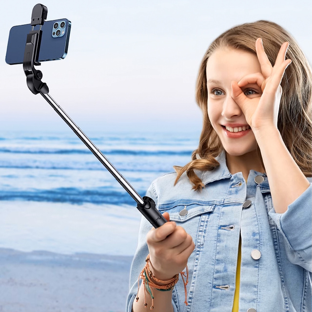 Kijek Selfie Stick Tripod Statyw LED Pilot Bluetooth Uchwyt do telefonu z lampką LED kij wysięgnik 95cm czarny