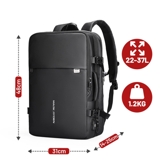 Mark Ryden 17.3" Laptop Backpack, USB Port, Waterproof, Minimalist and Roomy 37L, Comfortable, Expandable with 180° Opening, 48 × 31 × 14-25 - Black