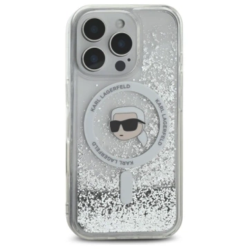 Etui Karl Lagerfeld pre iPhone 16 Pro Max 6,9" Magsafe Hardcase Transparentné tekuté trblietky Karl Head