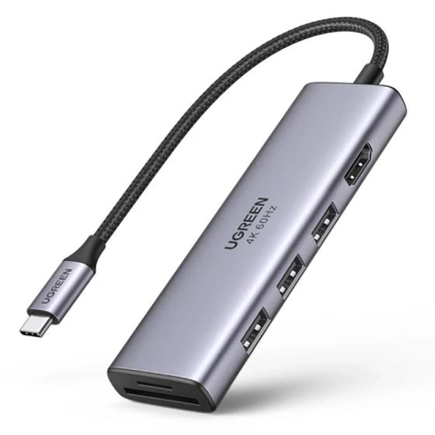 Ugreen 6v1 multifunkčný HUB USB typ C - 3x USB 3.2 Gen 1 / HDMI 4K 60Hz / čítačka kariet SD a TF sivá (60383 CM511)