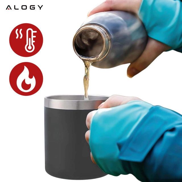 Thermobecher 420 ml mit Henkel und Deckel für Kaffee, Tee, Stahl, Kalt- und Heißgetränke Alogy Grey