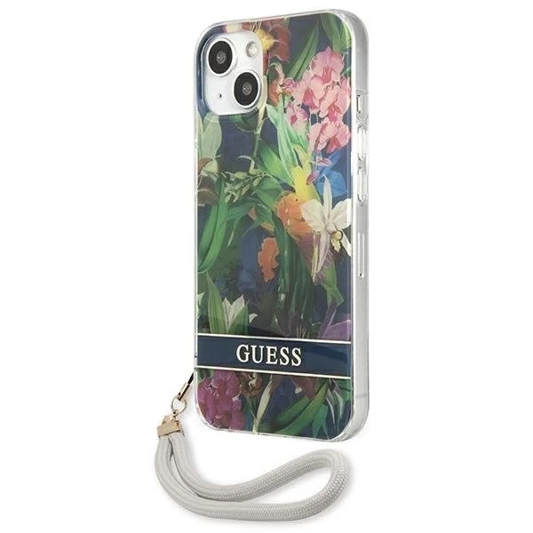 Guess GUHCP13SHFLSB iPhone 13 mini 5,4" niebieski/modré pevné pouzdro Flower Strap