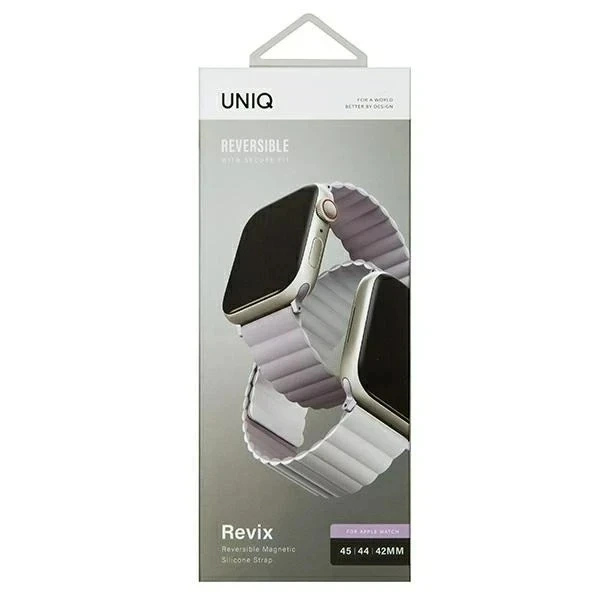 Pasek UNIQ Revix do Apple Watch Series 4/5/6/7/8/SE/SE2/Ultra 42/44/45mm reverzibilní magnetický lilak-biały/lila-white