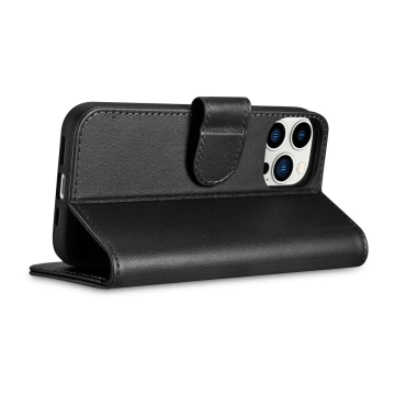iCarer Wallet Case 2v1 pouzdro na telefon pro iPhone 14 Pro Max Anti-RFID kožený flipový kryt černý