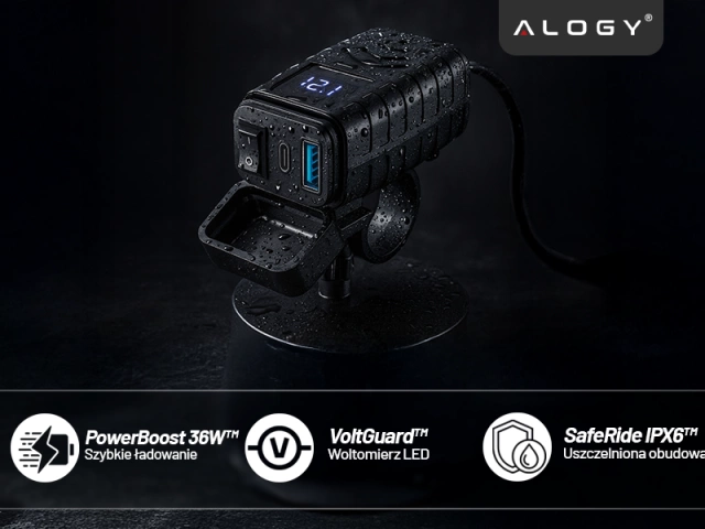 Alogy MotoCharge Pro™ Motorradladegerät mit Display, 36 W PD QC 3.0 Schnellladung, USB-A- und USB-C-Anschlüsse, wasserdicht und robust, Schwarz