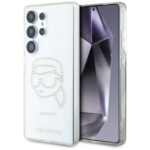 Puzdro na Samsung Galaxy S25 Ultra, číre, s kamienkami a logom Karl Lagerfeld s hlavou Karla