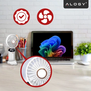Bezdrôtový prenosný stolný ventilátor Alogy CoolBreeze™ s držiakom na telefón, nabíjaním cez USB-C a batériou 18650 – biely