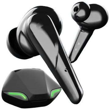 Bezdrátová Bluetooth 5.2 TWS sluchátka v pouzdře pro powerbanku pro hráče, LED hraní, černá