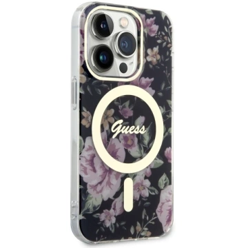 Puzdro na telefón Guess GUHMP14LHCFWSK do Apple iPhone 14 Pro 6,1" čierne/čierne pevné puzdro Flower MagSafe
