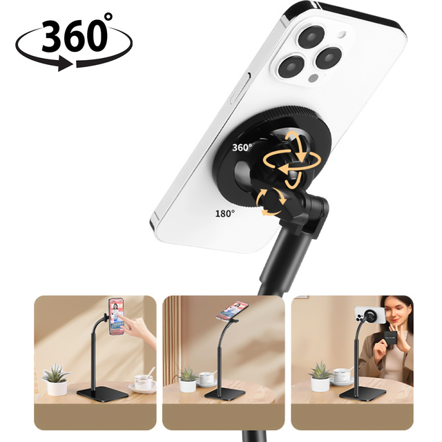 Phone holder stand for Mag Safe magnetic desk Telescopic tripod for phone steel ABS Alogy Black