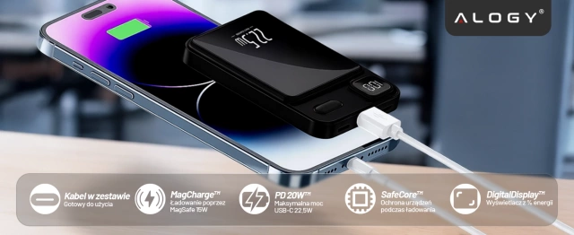 PowerBank Alogy MagCharge 22.5W PD20W PowerDelivery швидка зарядка 10000mAh бездротова для MagSafe Black