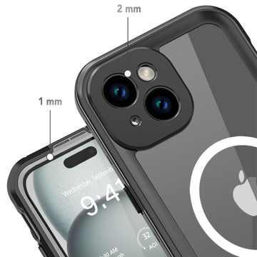 Puzdro na iPhone 15 Plus vodotesné Mag Safe Case pancierové vodotesné puzdro čiernej a šedej farby