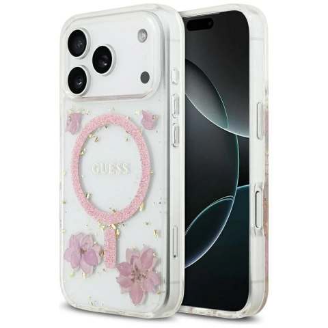 Etui Guess MagSafe do iPhone 17 Pro Resin Flowers Glitter Pink