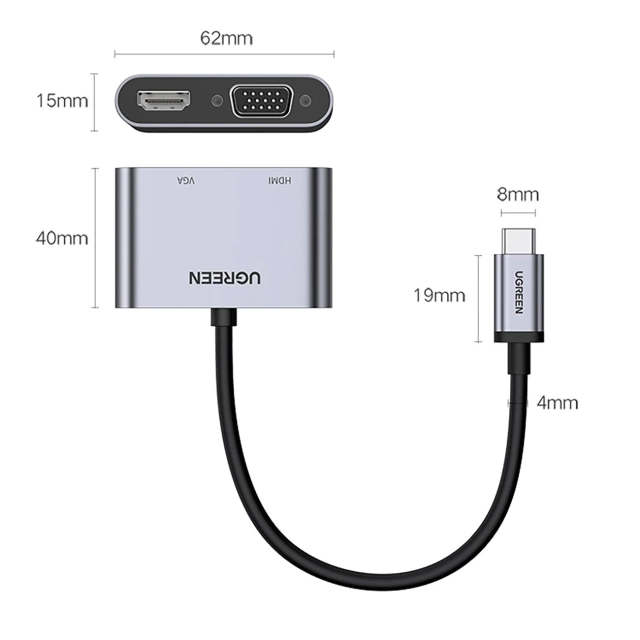 Ugreen CM162 Adapter USB-C HDMI VGA USB-A 3.0 PD 100W 4K Gray
