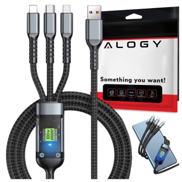 120cm nabíjecí kabel Alogy 3v1 pro rychlé nabíjení 100W USB na USB-C Micro Lightning, černý
