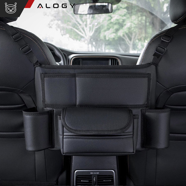 Auto-Organizer für das Auto zwischen Sitzen, Autositz, Alogy, Auto-Getränkehalter, Taschentücher, Schwarz, 2 x Kopfstützenhalter