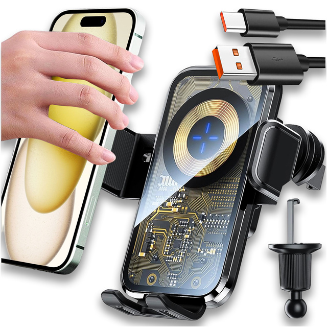 Car holder with 15W Qi induction charger for car grille for 6.9" phone Alogy Black