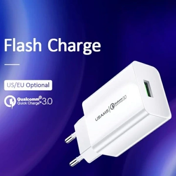 USAMS Nástěnná nabíječka 1x USB T22 18W 3A QC3.0 USB-C kabel 1m bílá/bílá (T48) T48OCLN01