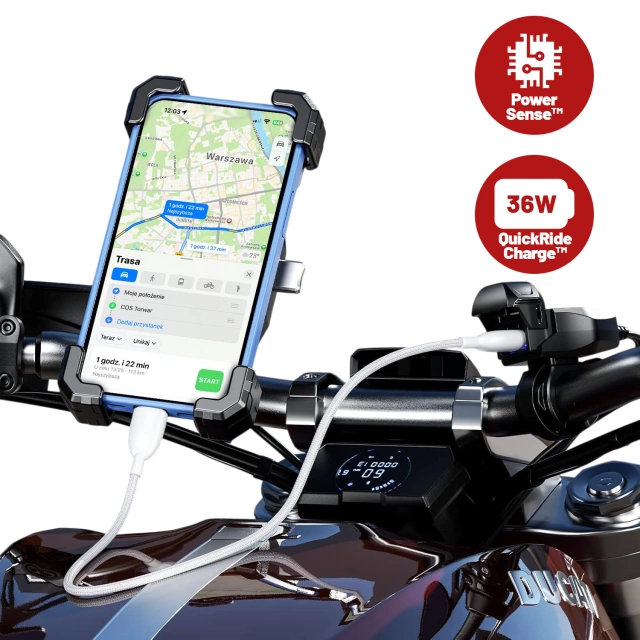 Nabíjačka na motocykel Kewig USB-C 36W, rýchle nabíjanie QC, vodotesná IP65 s vypínačom a LED podsvietením, upevnenie na riadidlá, pre telefón, kameru, interkom – čierna