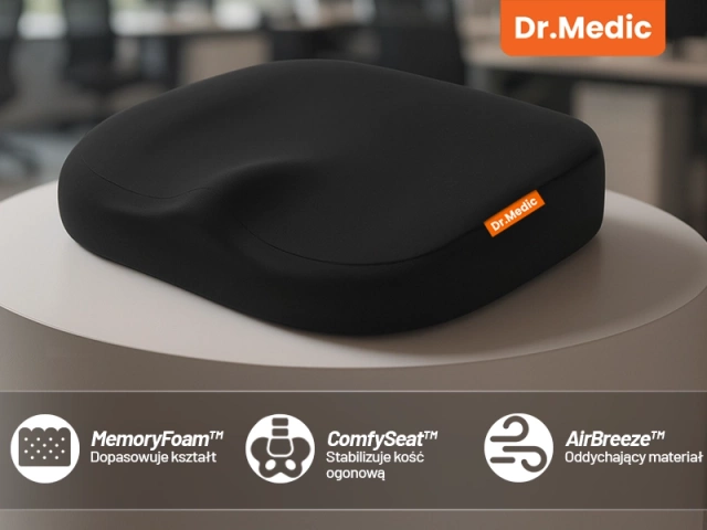 Ergonomický kancelársky vankúš DR.MEDIC ComfySeat™ s oporou kostrče pre kancelársku stoličku v aute, čierny