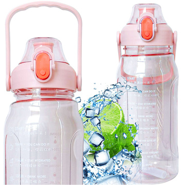Motivational drinking water bottle with a straw, 1.5l, reminder, motivational measuring cup, handle, pink