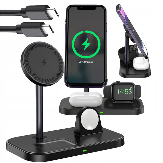 Qi Mag Safe 15W induktives Ladegerät für iPhone Apple Watch AirPods 3in1 kabellose Standstation Schwarz