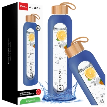 Veľká sklenená fľaša, fľaša na pitie Alogy Motivačná odmerka 1l 1000ml, silikónové puzdro Modré