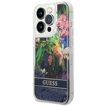 Etui Guess GUHCP14XLFLSB do Apple iPhone 14 Pro Max 6,7" niebieski/modré pevné puzdro Flower Liquid Glitter