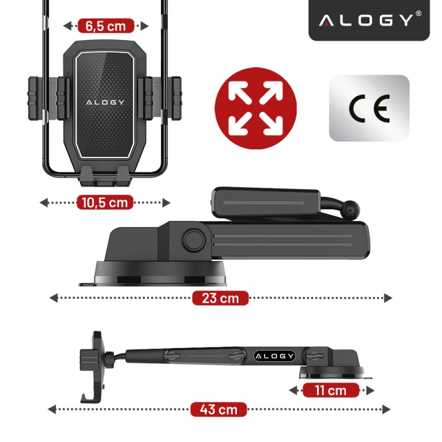 Držiak telefónu do auta 7,2" pre nákladné auto, autobus, nákladné auto, bager, auto, dĺžka 43 cm, na okno kokpitu, Alogy, čierny