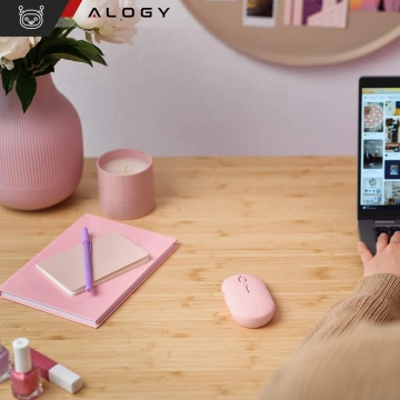 Bezdrátová myš Alogy malá ergonomická myš k notebooku PC bluetooth 2,4GHz tichá růžová