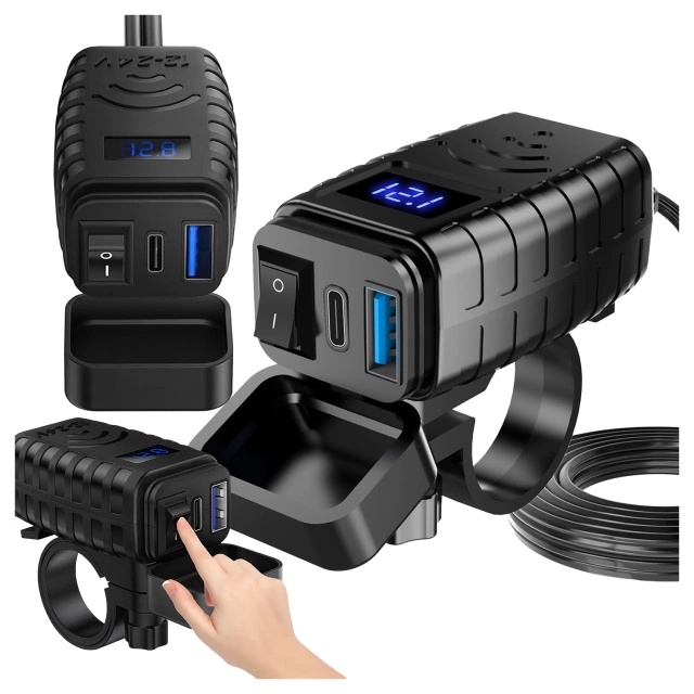 Motocyklová nabíječka Alogy MotoCharge Pro™ s displejem, rychlé nabíjení 36 W PD QC 3.0, porty USB-A a USB-C, vodotěsná a odolná, černá