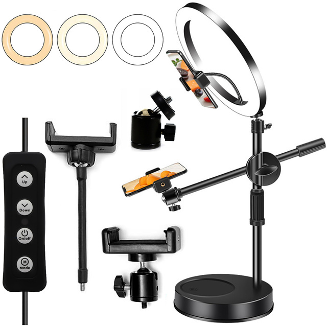 Kruhová LED kruhová lampa 10" 2x držák telefonu stojící stativ na stole s nastavitelným rámem Alogy Black
