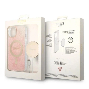 Zestaw Guess GUBPP14SH4EACSP Case  Charger iPhone 14 6,1" różowy/pink hard case 4G Print MagSafe