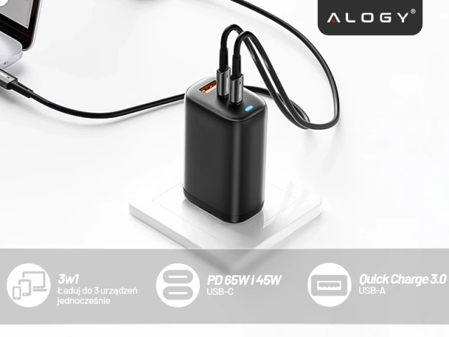 Alogy GaNCharge Kompaktes 3-in-1-Wandladegerät, schnelles Laden, GaN3, 65 W, USB-A, 30 W, 2 x USB-C, 65 W, Schwarz