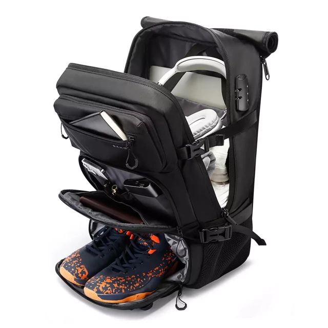 Bange wasserdichter Rucksack für 15,6-Zoll-Laptop, Stadtreisender, 45 x 30 x 16 cm, für Arbeit, Flugzeug, Herren, Damen, mit USB-Anschluss Schwarz