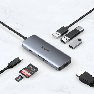 Багатофункціональний концентратор Choetech 7in1 USB Type C - 3x USB 3.2 Gen 1 / SD і TF картрідер / HDMI 4K 30 Гц / USB Type C сірий (HUB-M19 сірий)
