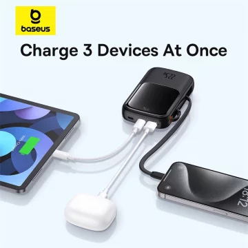Powerbanka Baseus Qpow Pro 10000mAh 22,5W s vestavěným USB-C kabelem a displejem - černá