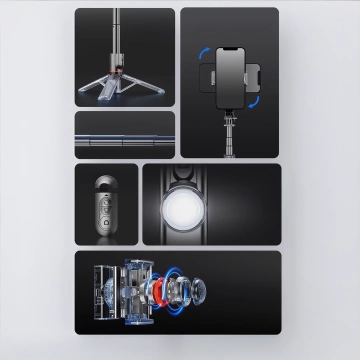 Stable Gimbal Tripod with Bluetooth Remote Control Selfie Stick LED Lamp 360° Rotating Lighting 70cm Techsuit L19s Black