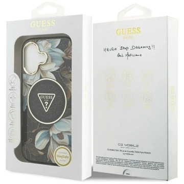 Etui Guess MagSafe do iPhone 17 IML Glitter Flowers Triangle Black