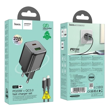 Hoco N41 GaN Ladegerät 20W USB-C USB-A USB-C Lightning Kabel