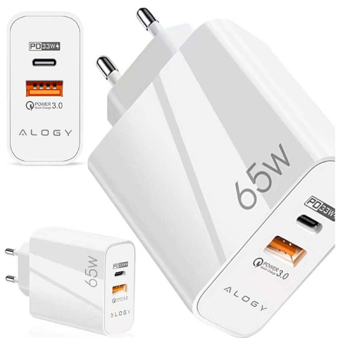 Rýchle rýchle nabíjanie USB-A QC 3.0 USB-C PD 33W 65W nástenná nabíjačka Alogy White