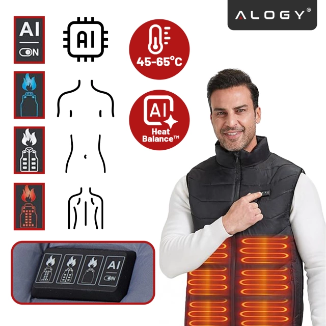Kamizelka grzewcza z 28 strefami – 4-stopniowa regulacja temperatury, zasilanie USB, idealna na zimę i aktywności outdoor – Alogy ThermoVest™ Czarna (XL)