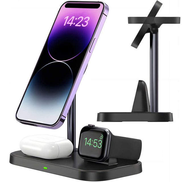 Qi Mag Safe 15W indukční nabíječka pro iPhone Apple Watch AirPods 3v1 bezdrátový stojan černá
